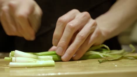 hands slicing scallion by a sharp knife