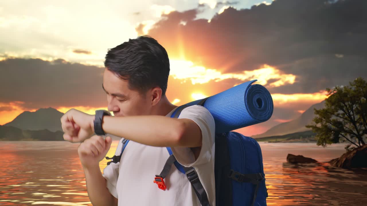 primer plano de un excursionista asiático con una mochila de montañismo disfrutando de bailar en un lago