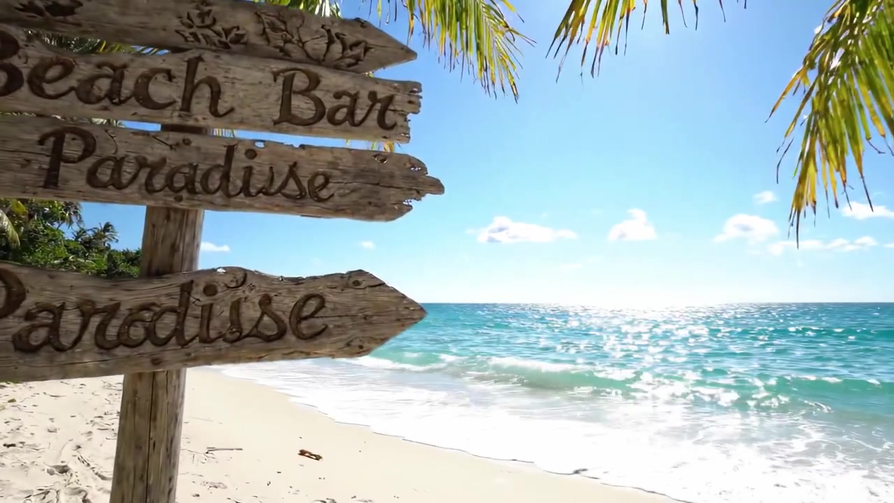 Eine ruhige Strandszene mit Wegweisern, die auf Entspannungsziele wie Strandbar und Paradies inmitten einer tropischen Umgebung zeigen