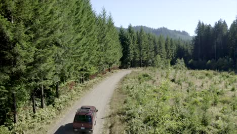 Vw-Van-Vintage-Van-Conduciendo-A-Través-Del-Bosque-Vista-Aérea-4k-Drone