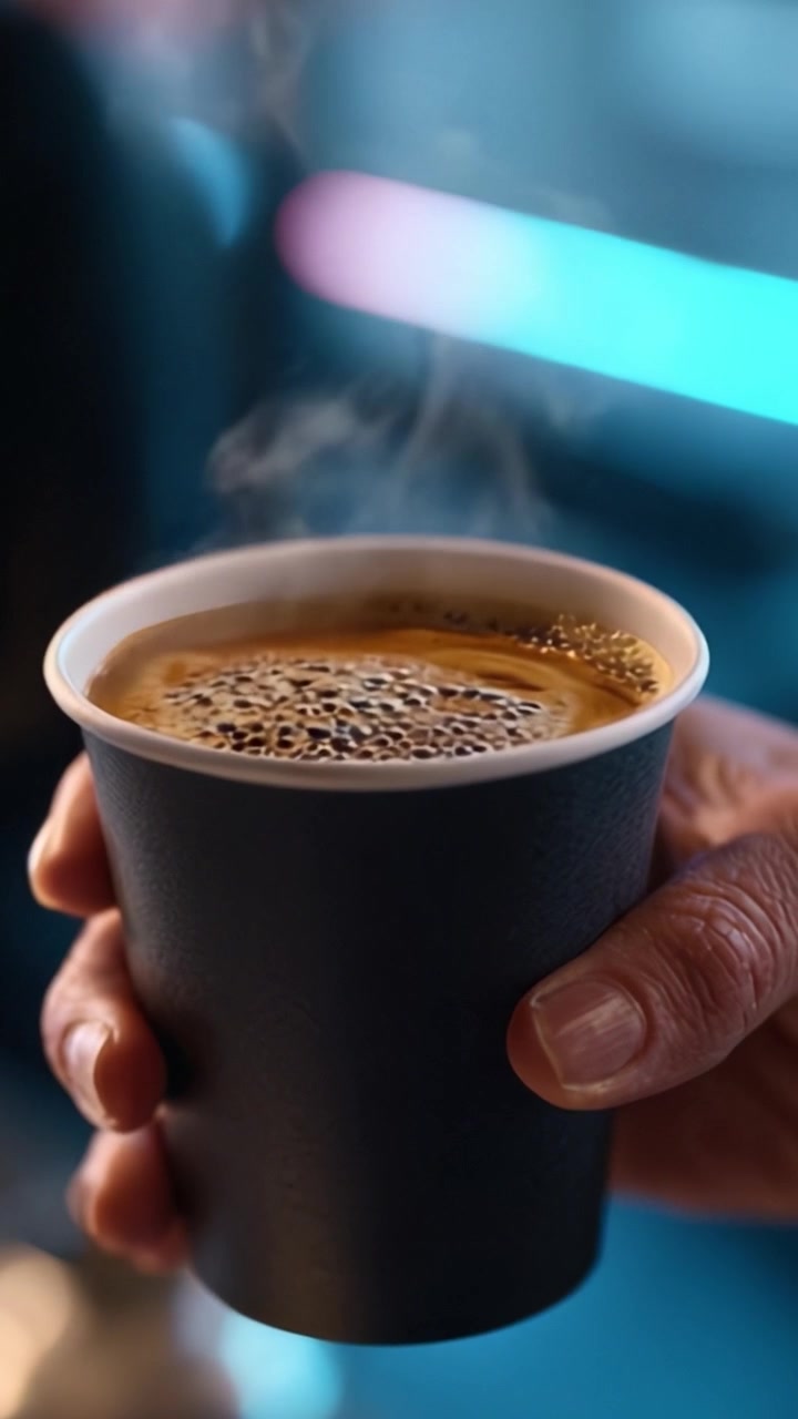 Una persona tiene in mano una tazza di caffè fumante, mettendo in mostra la sua superficie ricca e schiumosa, in un ambiente interno, creando un'atmosfera calda e invitante perfetta per gli amanti del caffè.