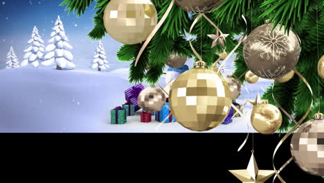 animación del árbol de navidad y regalos con el muñeco de nieve sobre un paisaje de invierno
