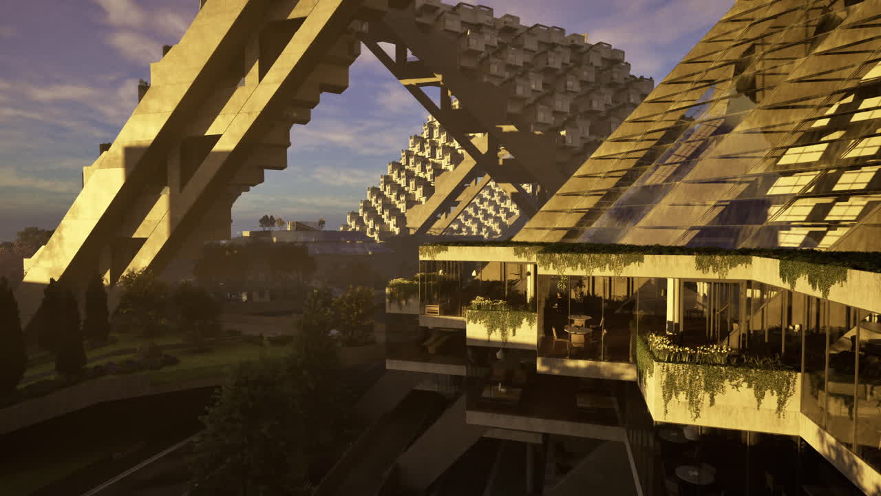 Modern architectural design overlooking landscaped grounds in golden light