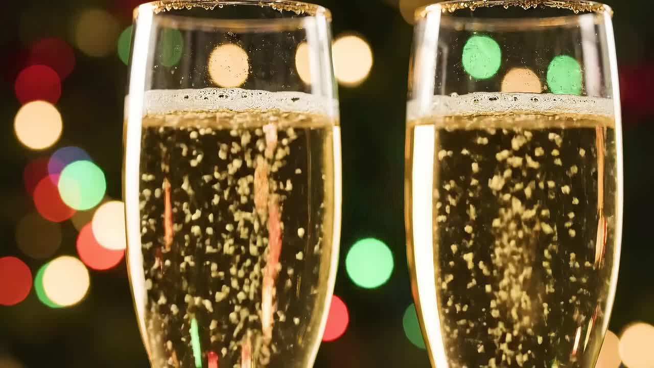 Video ravvicinato di due calici di champagne con luci bokeh festive sullo sfondo