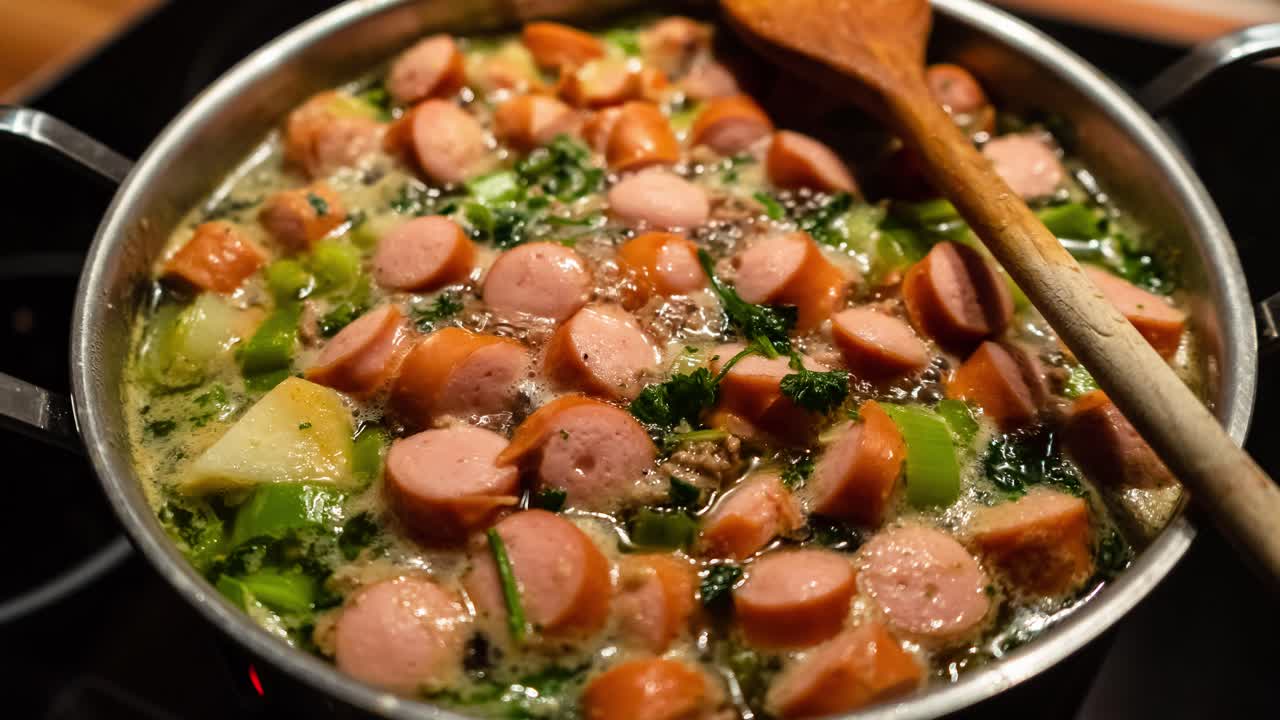 수프와 소시지가 있는 냄비 확대