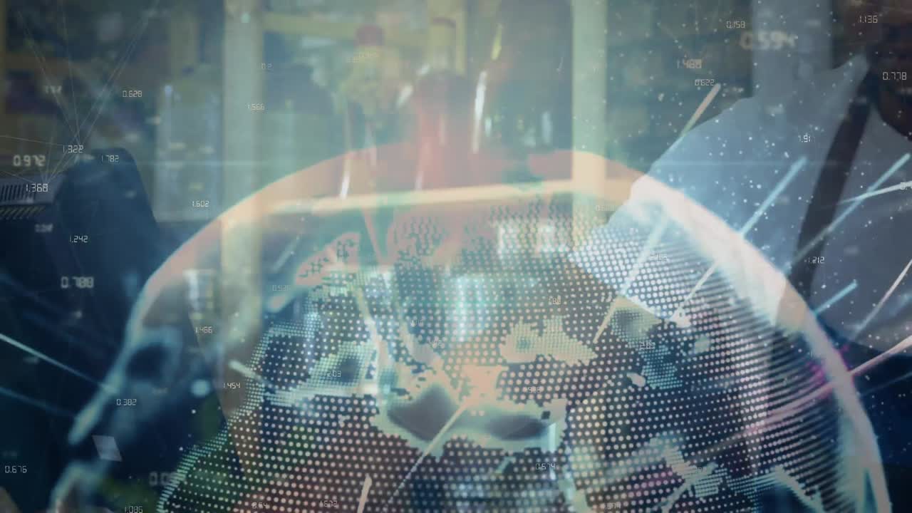 태블릿을 사용하는 아프리카계 미국인 남성 노동자에 대한 연결 네트워크와 지구의 애니메이션