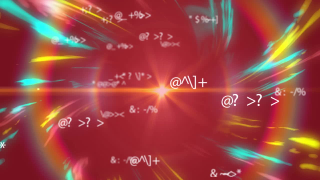 Colorful light streaks and symbols moving over red background