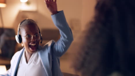 high five, success and call center women at night