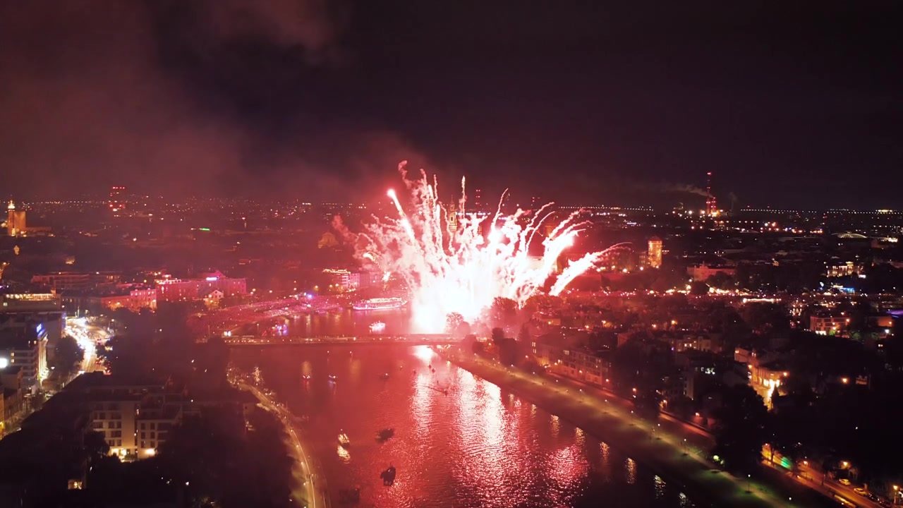 Fireworks over Wawel Royal Castle in Krakow during Dragon Festival, Poland