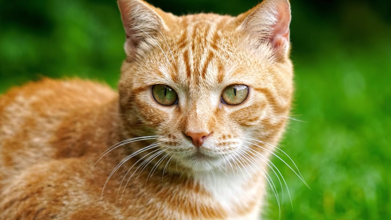 Una vista ravvicinata di un sorprendente gatto rosso con occhi verdi brillanti, che mostra la sua personalità giocosa e le sue caratteristiche affascinanti su uno sfondo verde lussureggiante