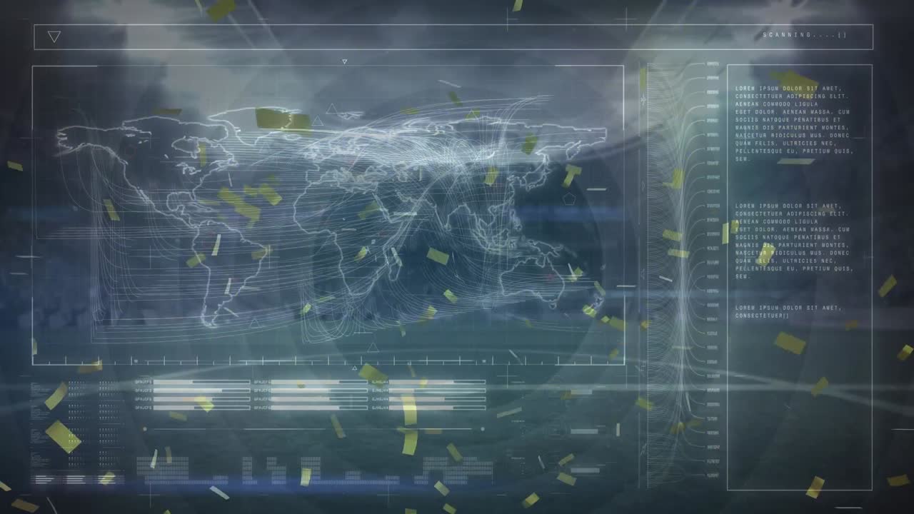 Animation of confetti falling and world map with data processing over stadium