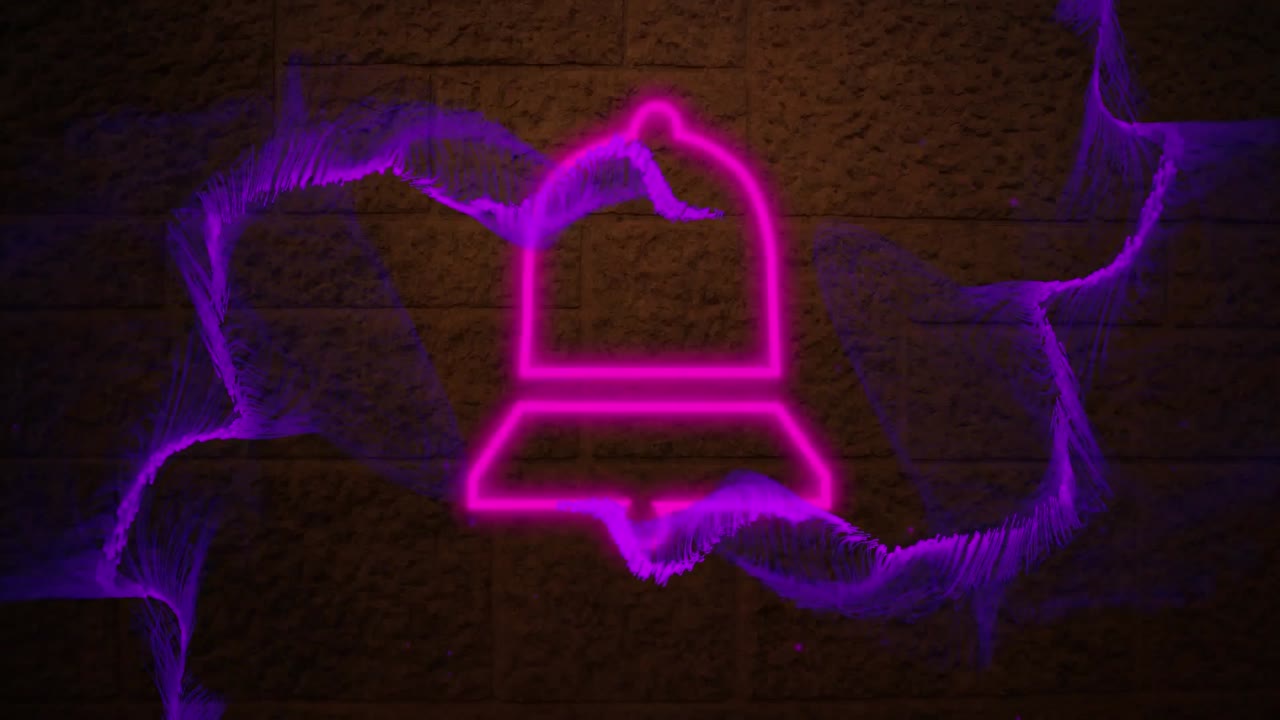 벽돌 벽에 대한 네온 분홍색 알림 종 아이콘 위에 보라색 디지털 파동의 디지털 애니메이션