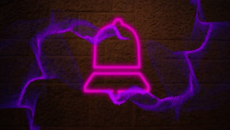 digital animation of purple digital waves over neon pink notification bell icon against brick wall
