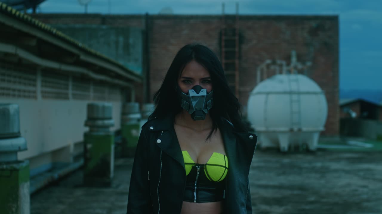 Mujer cyberpunk en la azotea