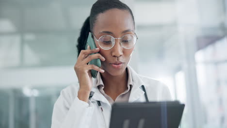 doctor, black woman and phone call communication