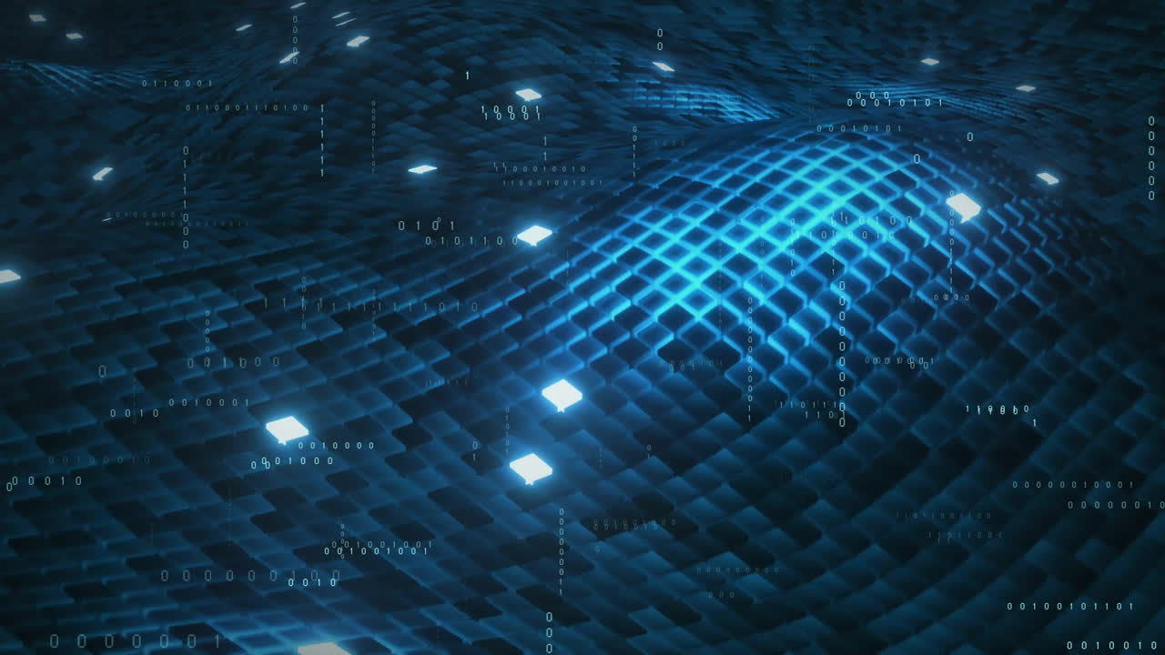 Animation of data processing over blue squares on black background