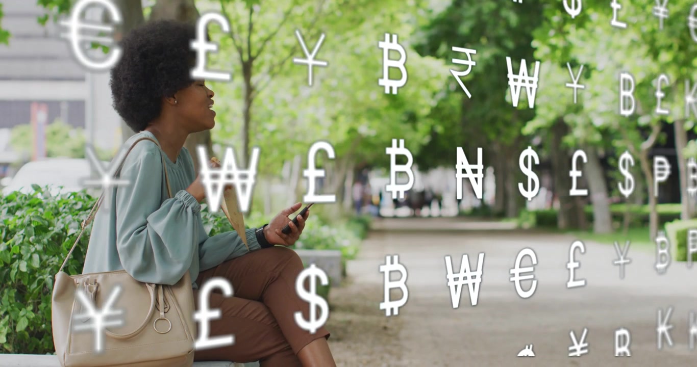 Commuter woman tapping phone scrolling on bench checking finance app with $ ? symbols floating