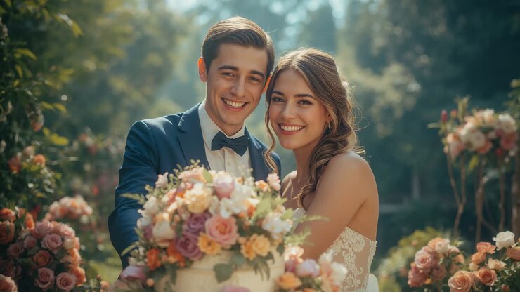 Smiling tuxedoed groom shifting gaze, wedding-dress bride leaning over floral cake in garden to cut