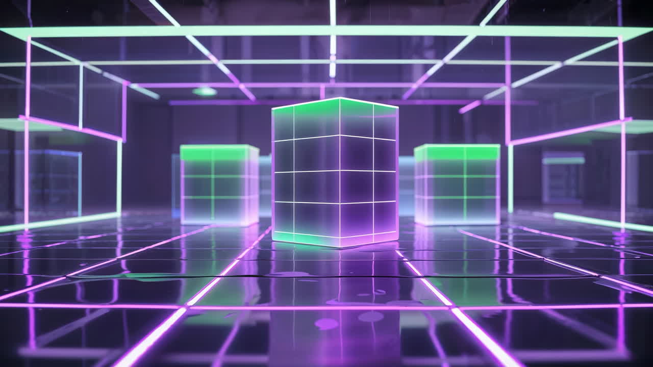 Glowing Neon Cubes in a Futuristic Grid Environment