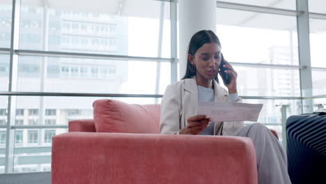 paper, planning and woman on a phone call