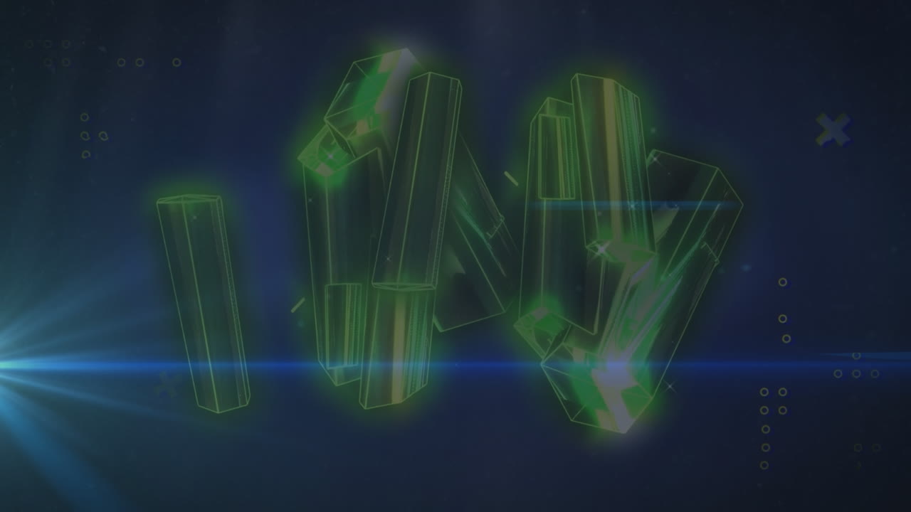 animación de manchas de luz azul y formas abstractas sobre cristales dorados contra un fondo azul