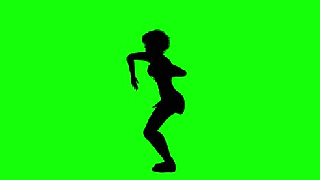 silueta de una mujer con cabello afro y falda corta bailando loop 2, en pantalla verde, vista lateral