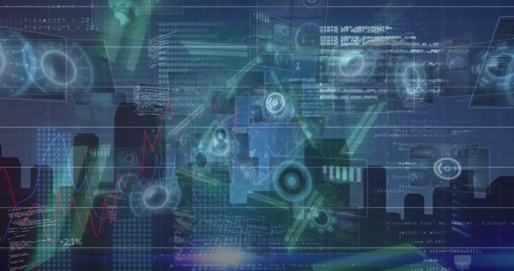 Animation of data processing with scope scanning over cityscape