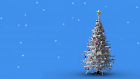 Animation-of-snow-falling-over-christmas-tree-on-blue-background