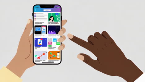 hands interacting with a smartphone screen displaying a mobile application