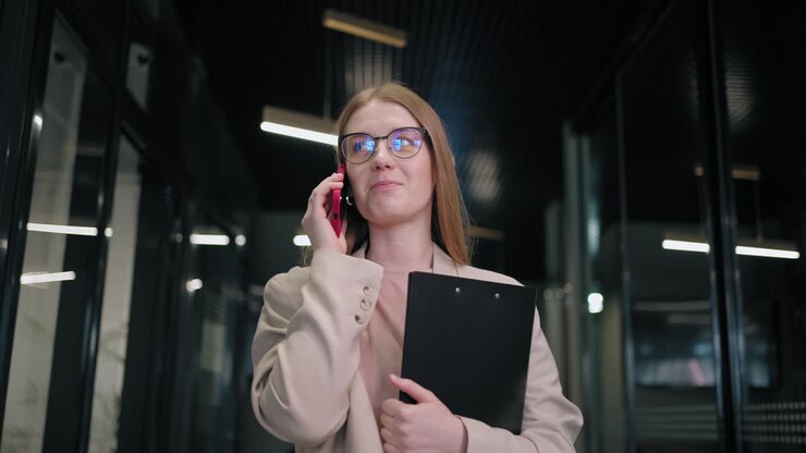 Portrait of a business woman with glasses walking in the office corridor and talking on the phone with clients