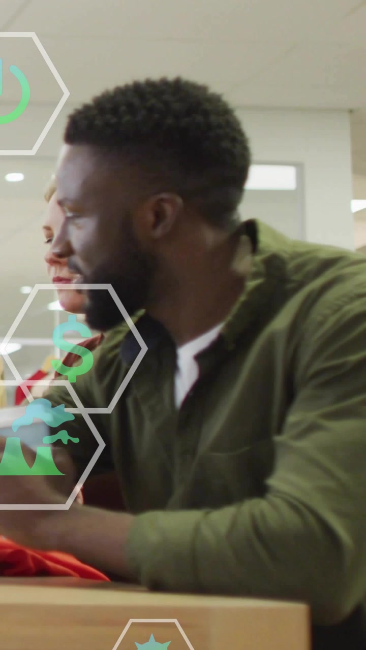 Vertical video: Man picking garment in retail, holding cup while AR hexagons tagging price