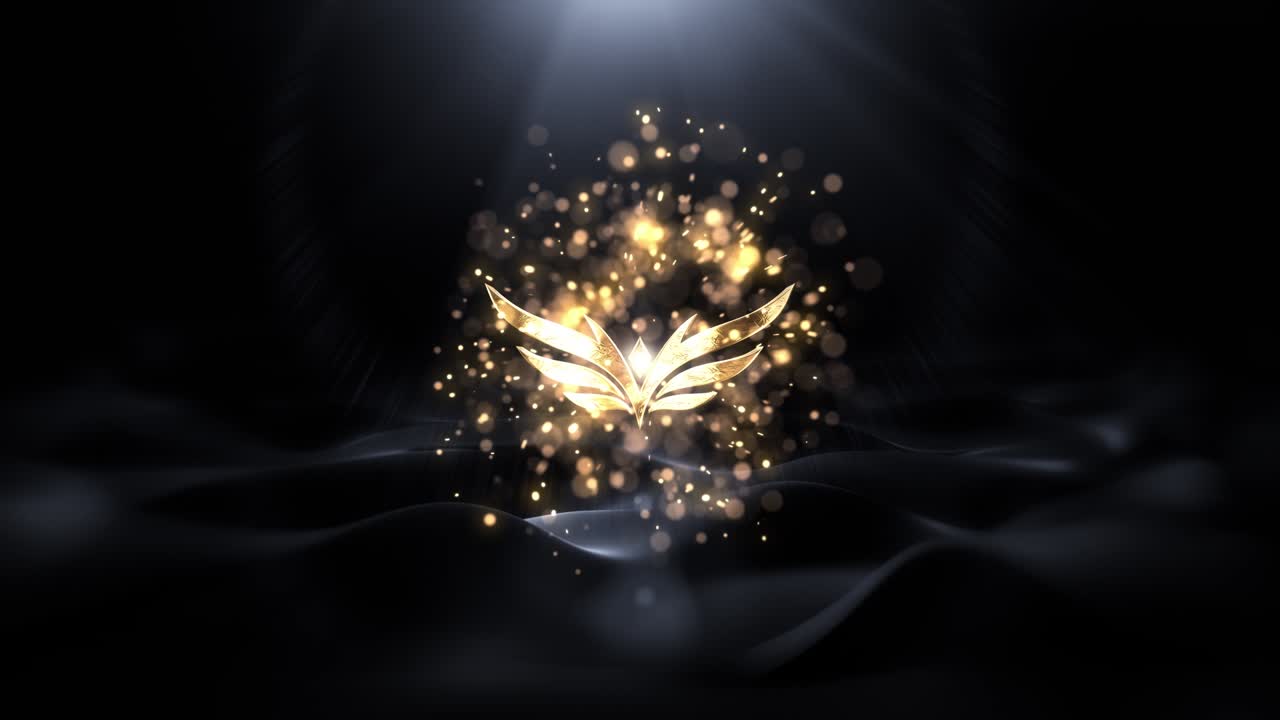 Rivelazione logo alato dorato con raggi di luce e particelle scintillanti