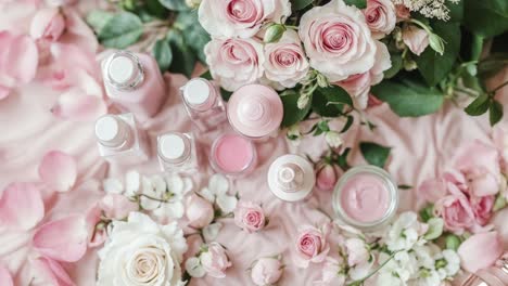 pink roses and skincare products