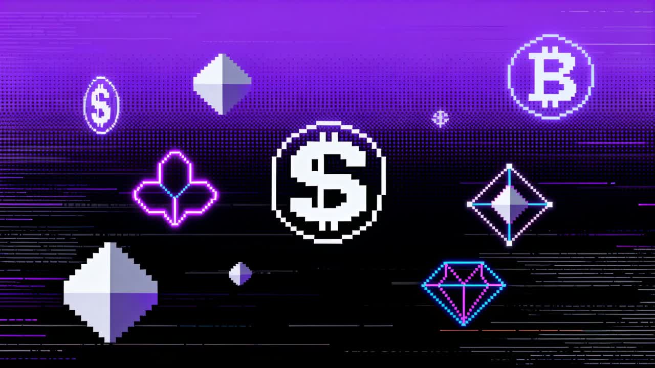 I introen forankrer en pixel dollar mønt sig i midten, mens neon-tokens driver indad og danner et krypto-brand.
