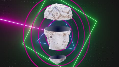 animation of antique sliced head sculpture over neon lines on black background