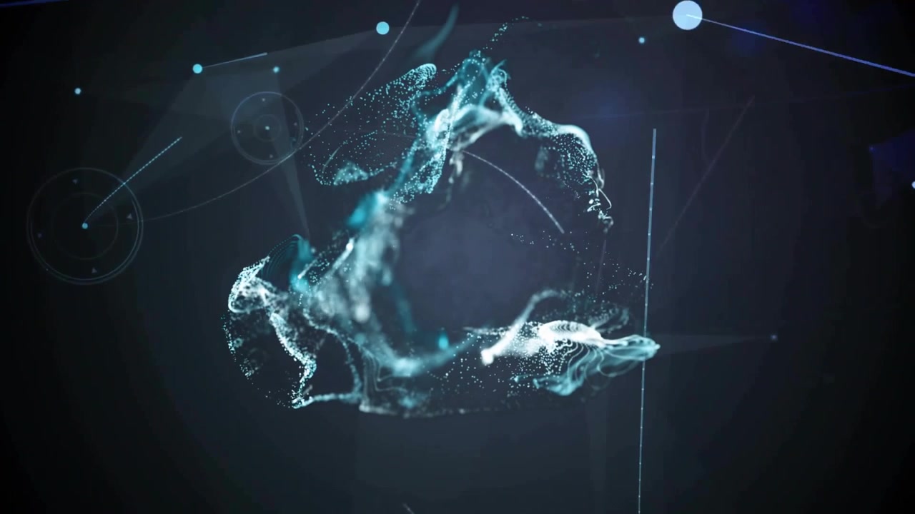 Diffuse teal particles joining rotating then pulsing splitting into swirls to visualize data flow