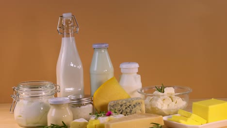 various dairy items arranged neatly on a table