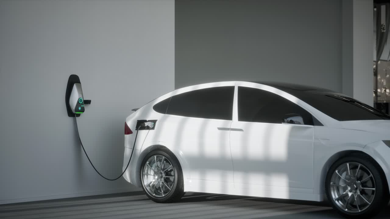 차고에서 전기 자동차 suv 충전 3d 애니메이션