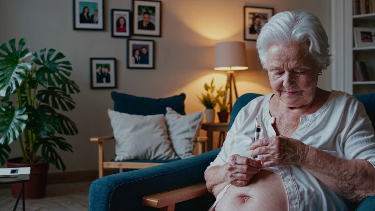Elderly Woman Administering Insulin Injection at Home
