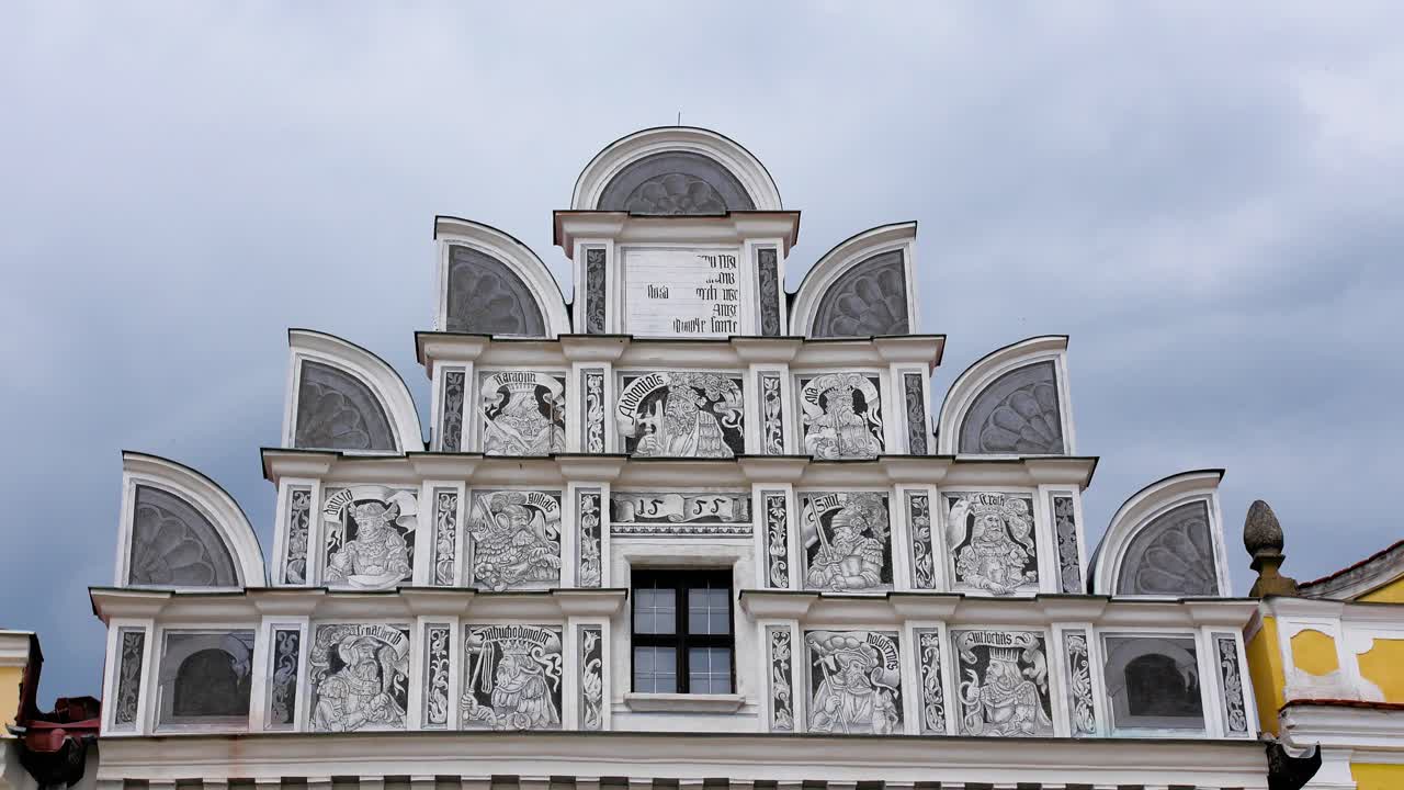 Modern European architecture of building in Czech republic, handheld tilt shot