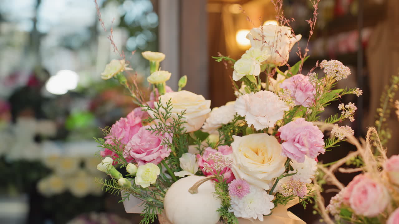 Arreglo floral pastel en mostrador de tienda, iluminación ambiental suave, jarrón de mimbre lleno de peonías y rosas, relleno delicado y follaje, centro de mesa artesanal para boda o celebración, bokeh.