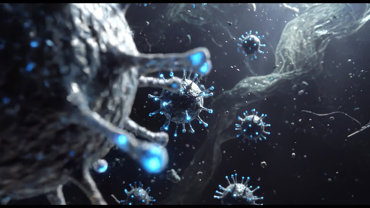 Microscopic View of Viruses Floating and Spreading