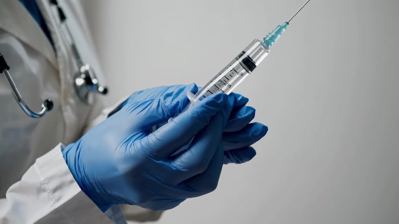 Close-up video still of gloved hands holding a syringe, captured from a side angle