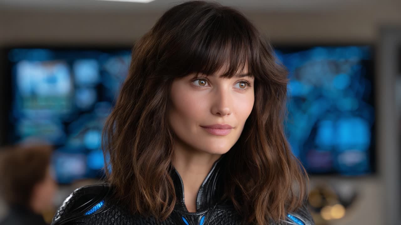 A Focused Woman in a Futuristic Environment with Tech Elements, Exhibiting Determination and Strength in a High-Stakes Situation