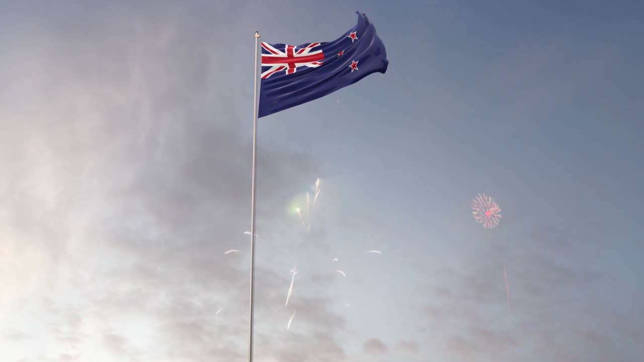 bandera de nueva zelanda con fuegos artificiales en el fondo