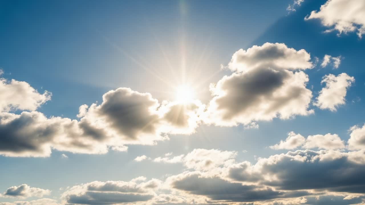 A Beautiful Display of Natural Light as the Sun Sets Behind a Blanket of Fluffy Clouds in a Clear Blue Sky, Creating a Breathtaking Atmosphere of Tranquility and Beauty
