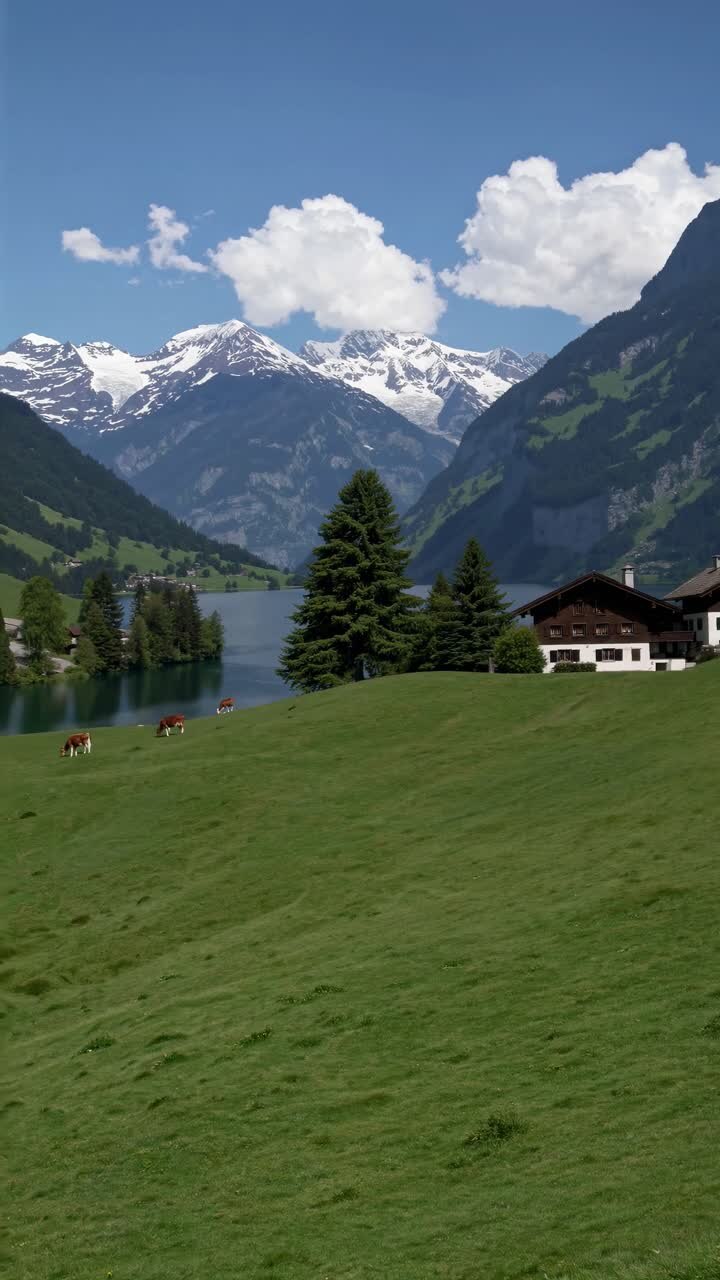 A serene landscape video captures a wide-angle view of lush green hills, grazing cows, a tranquil