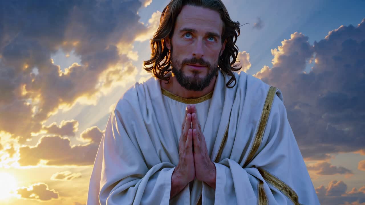 líder religioso jesús de pie con las manos juntas, mirando hacia el cielo nublado durante la luz de la madrugada, expresando una profunda devoción espiritual y conexión contemplativa con la presencia divina