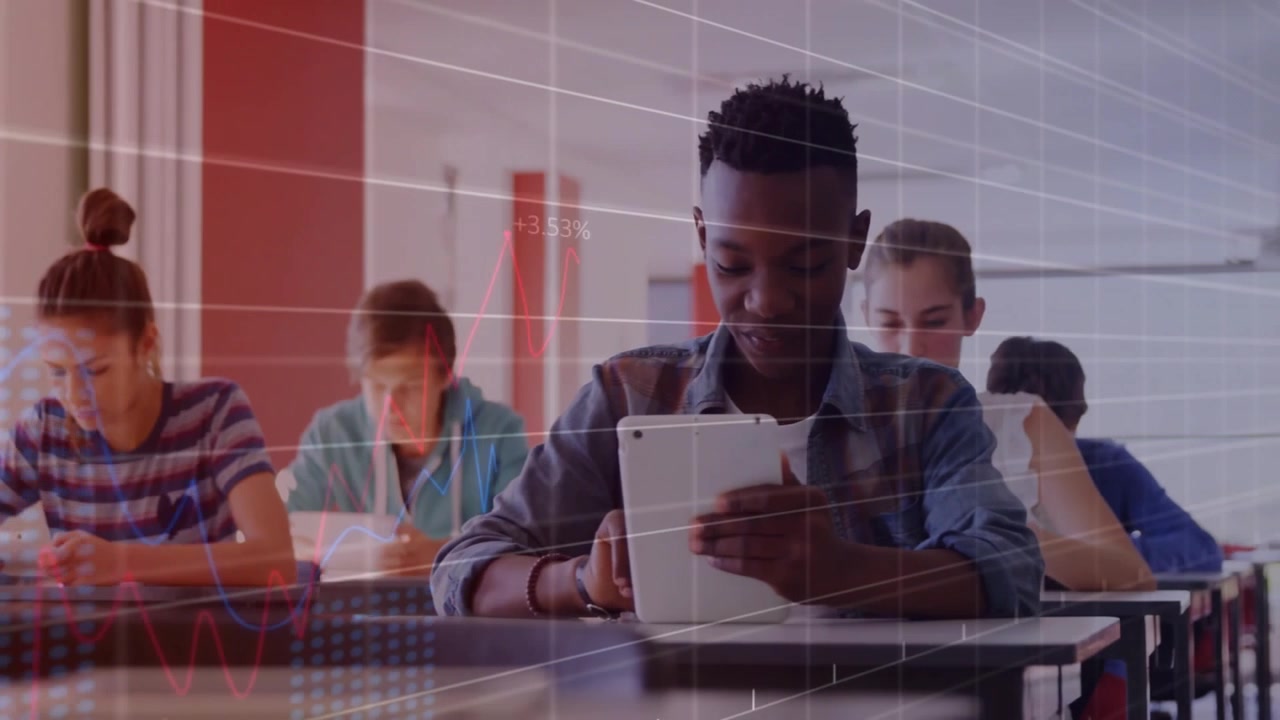 Diverse Students Using Digital Tablets in a Classroom with Data Overlays