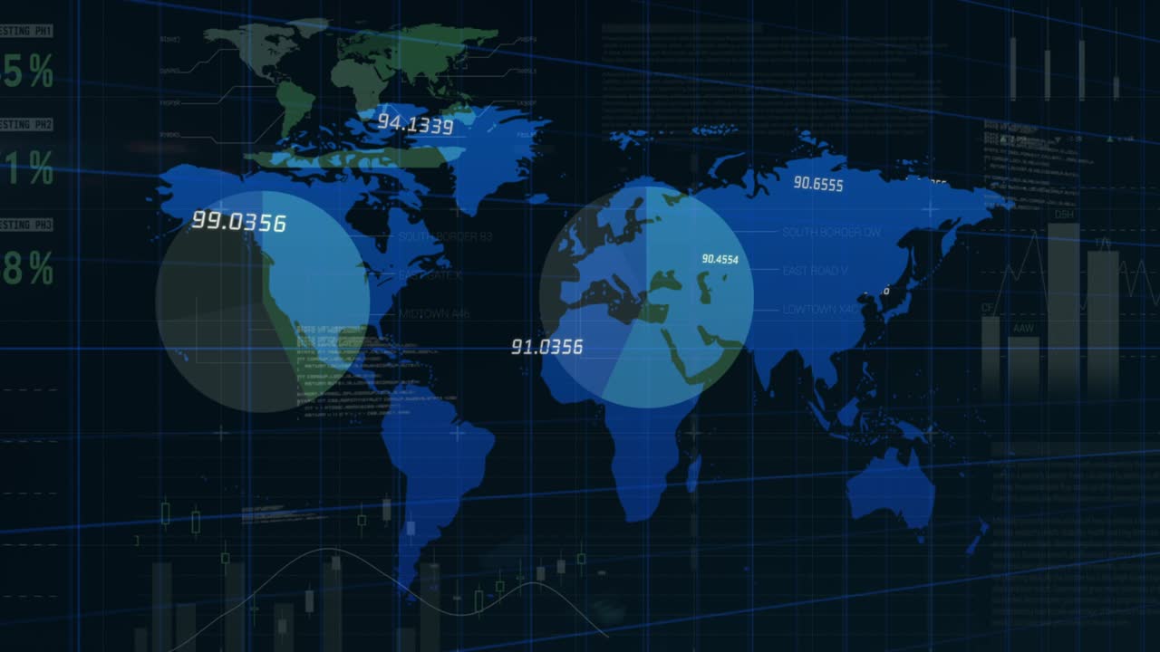 검은색 배경의 세계 지도 위의 금융 데이터 처리 애니메이션